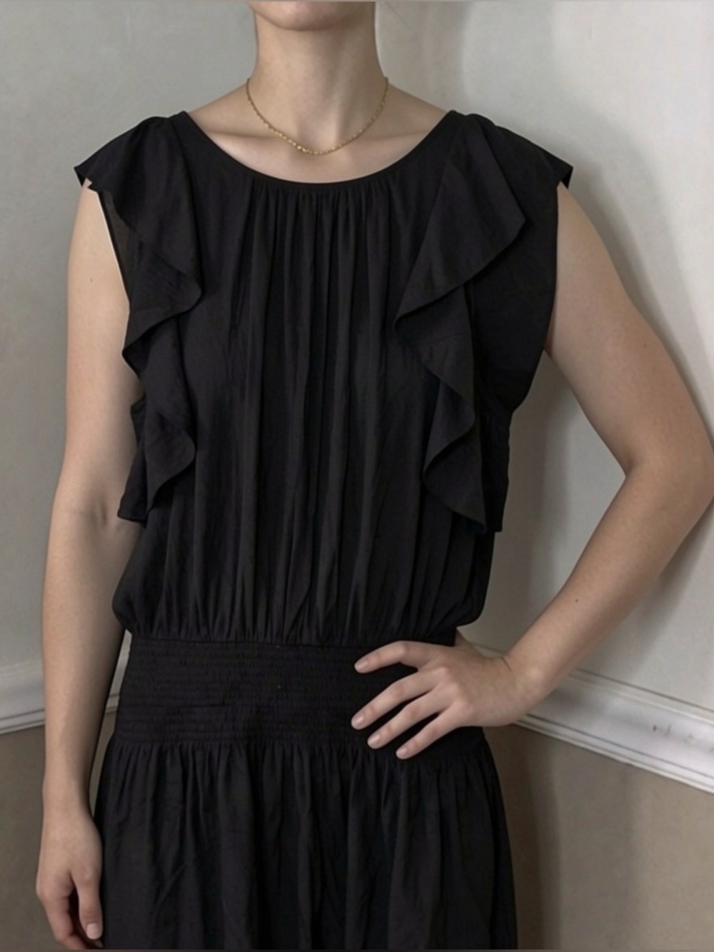Designer Ramy Brook Black Ruffle Midi Dress 🤎